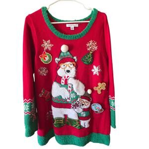 99 Jane Street Ugly Christmas Sweater XL Womens Red Holiday Party Sequins